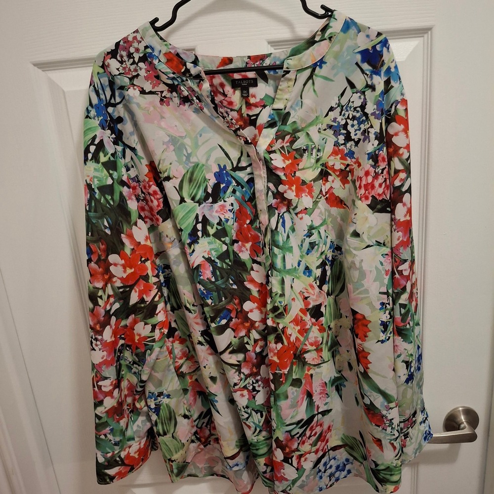 Talbots Woman 3X Plus Size Floral Print Long Sleeve V‎ Neck Button Up Blouse Top